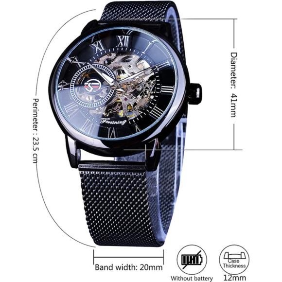 Men's Skeleton Watch Steampunk Watch Mechanical Watch for Men Minimalist, Black - Picture 5 of 6